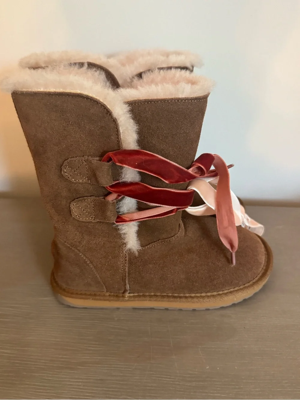 Emu Kids Brown Suede Winter Boots with Pink Ribbon Laces